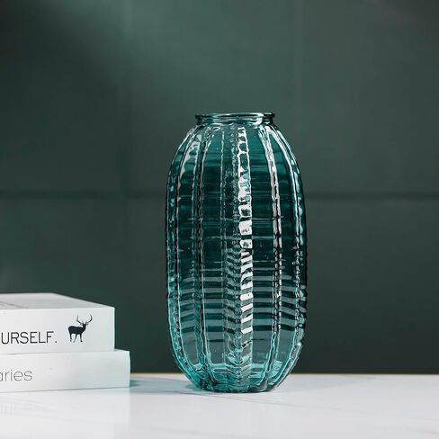 Unique Cylinder Shaped Green Glass Flower Vase-9.8 inch Tall,Simple Striped Design for Home Decor,Centerpieces, Wedding, Dining Table, Arrangement. in Saudi Arabia