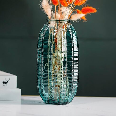 Unique Cylinder Shaped Green Glass Flower Vase-9.8 inch Tall,Simple Striped Design for Home Decor,Centerpieces, Wedding, Dining Table, Arrangement. in Saudi Arabia