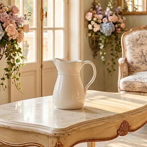 Napco Imports رقبة مطرزة مقاس 7.25 بوصة إبريق مشروبات وظيفي من السيراميك الأبيض الكلاسيكي أو مزهرية زهور in Kuwait