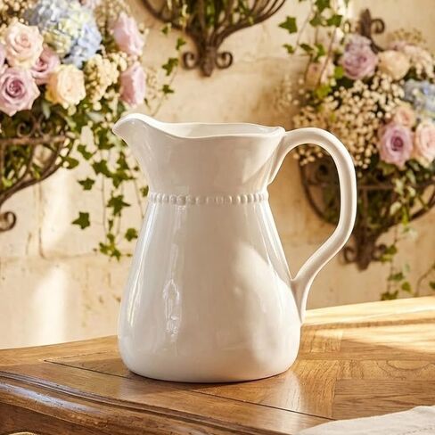 Napco Imports رقبة مطرزة مقاس 7.25 بوصة إبريق مشروبات وظيفي من السيراميك الأبيض الكلاسيكي أو مزهرية زهور in Kuwait