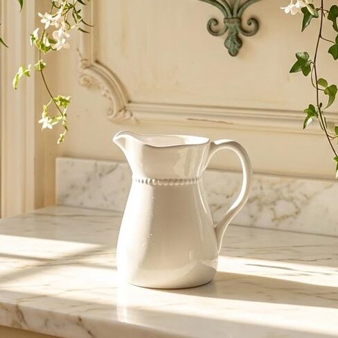 Napco Imports رقبة مطرزة مقاس 7.25 بوصة إبريق مشروبات وظيفي من السيراميك الأبيض الكلاسيكي أو مزهرية زهور in Kuwait