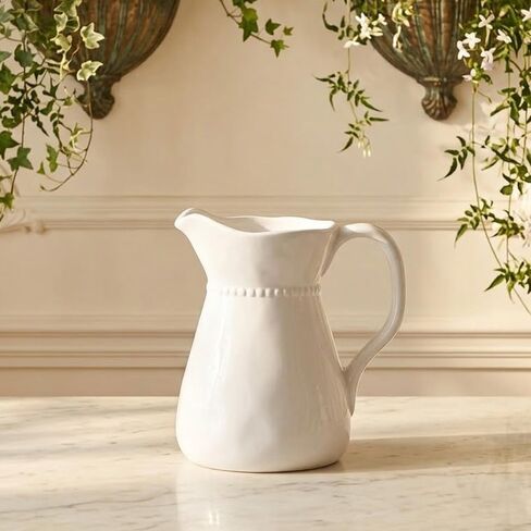 Napco Imports رقبة مطرزة مقاس 7.25 بوصة إبريق مشروبات وظيفي من السيراميك الأبيض الكلاسيكي أو مزهرية زهور in Kuwait