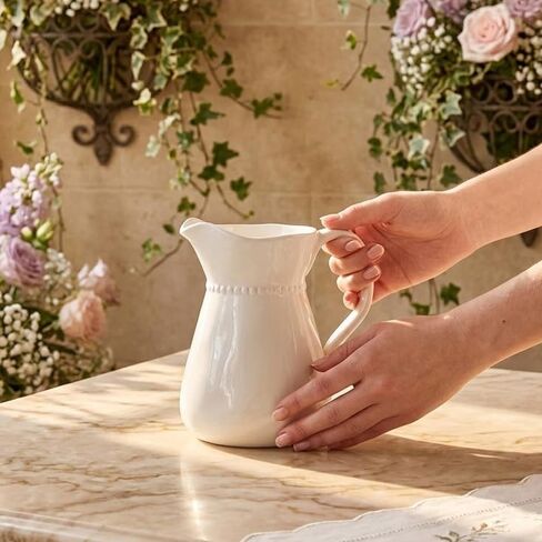 Napco Imports رقبة مطرزة مقاس 7.25 بوصة إبريق مشروبات وظيفي من السيراميك الأبيض الكلاسيكي أو مزهرية زهور in Kuwait