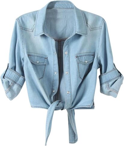 Women's Denim Button Down Jackets 3/4 Sleeve Tie Knot Front Blouse Casual Jean Tops with Pockets in Kuwait