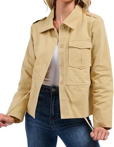 Women's Lightweight Cropped Military Jacket, 2025 Fall Cotton Safari Utility Coat with Adjustable Drawstring Waist in Kuwait