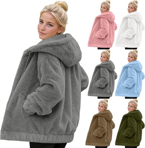 Winter Coats for Women Double Fleece Warm Jackets Long Sleeve Loose Casual Plush Hooded Outerwear Ladies Coat in Saudi Arabia