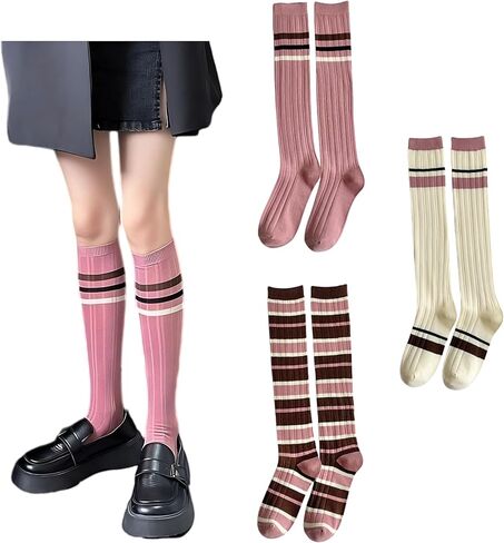 3 أزواج من الجوارب المخططة للركبة ذات الطراز القديم للنساء، جوارب قطنية أكاديمية للملابس الكاجوال والرياضة in Kuwait