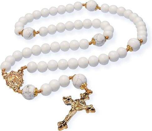 مسبحة كاثوليكية مع خرز من الأحجار الكريمة من الرخام الأبيض الطبيعي، وصليب نحاسي ذهبي أنيق وخرز صلاة كاثوليكية in Kuwait