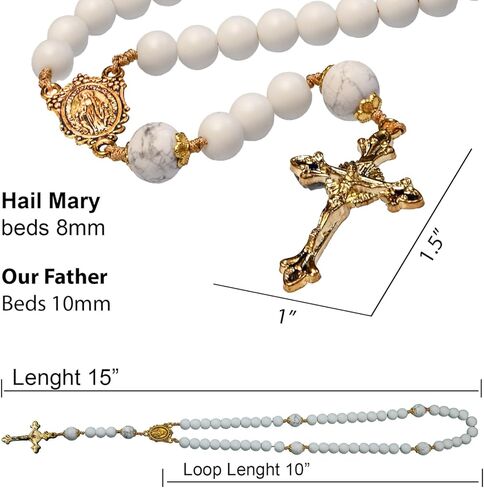 مسبحة كاثوليكية مع خرز من الأحجار الكريمة من الرخام الأبيض الطبيعي، وصليب نحاسي ذهبي أنيق وخرز صلاة كاثوليكية in Kuwait