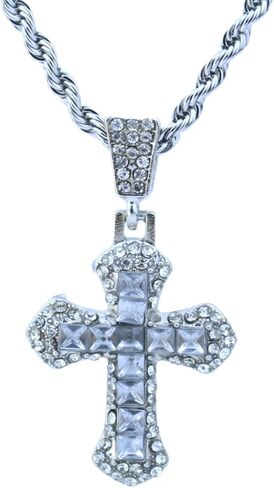 Crystal Cross Pendant Necklace, Pink Zircon Stones, Silver Chain, 24 Inches in Kuwait
