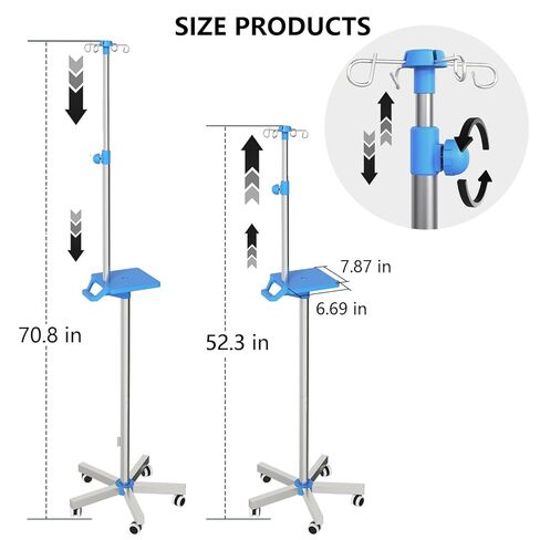 Rolling IV Pole with Tray - Stainless Steel 4 Hooks IV Stand with Wheels Height Adjustable for Clinic Home Care in Kuwait