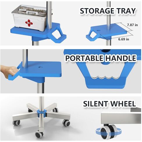 Rolling IV Pole with Tray - Stainless Steel 4 Hooks IV Stand with Wheels Height Adjustable for Clinic Home Care in Kuwait