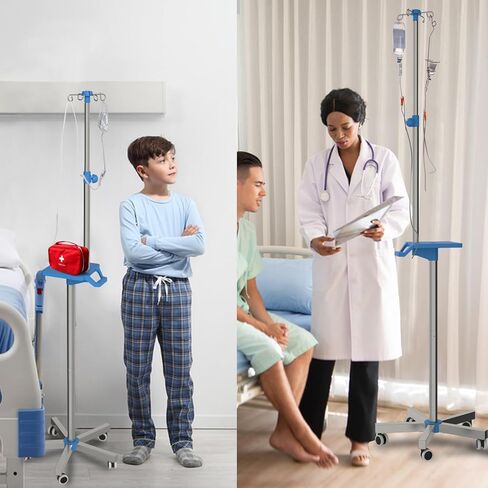 Rolling IV Pole with Tray - Stainless Steel 4 Hooks IV Stand with Wheels Height Adjustable for Clinic Home Care in Kuwait