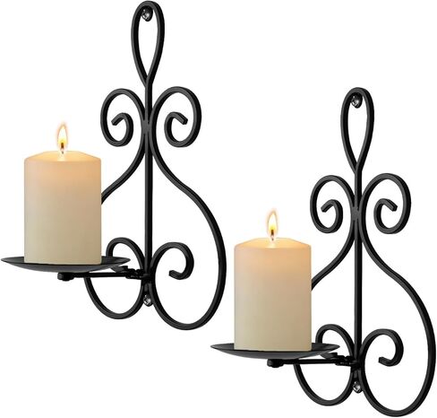مجموعة شمعدانات شموع حائطية مكونة من 2، شمعدانات شموع بنمط تمرير مزدوج، حامل شموع معدني للحائط لديكور المنزل، غرفة المعيشة، غرفة الطعام، غرفة النوم، أسود، هدايا للرجال والنساء والأم والأب in Kuwait