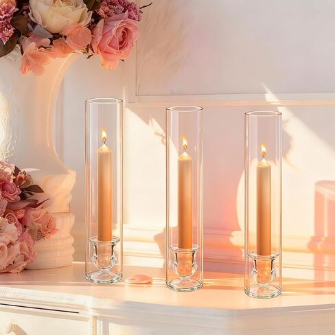 12 مجموعة من حاملات شموع الإعصار الزجاجية - حاملات شموع زجاجية مقاس 12.6 بوصة مع أكمام شموع أسطوانية شفافة طويلة لحفلات الزفاف، وديكور طاولة عيد الميلاد (12) in Kuwait