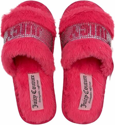 صنادل منزلق فروي للفتيات من Juicy Couture - شرائح مريحة من الفرو الصناعي سهلة الارتداء، مريحة عند الأصابع للأطفال الصغار والكبار in Kuwait