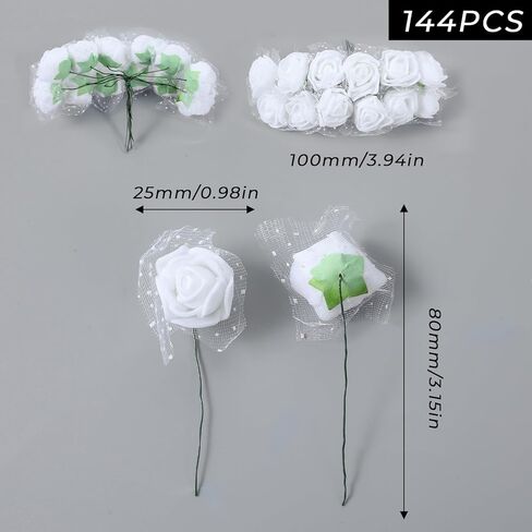 Yolev 144Pcs Mini Artificial Rose Flower Heads and Soft Stem Small White Flowers with Gauze PE Mini Flowers for Crafts DIY Wedding Bouquet Hair Clips Headbands Wreath Bridal Shower Party Home Decor in Saudi Arabia