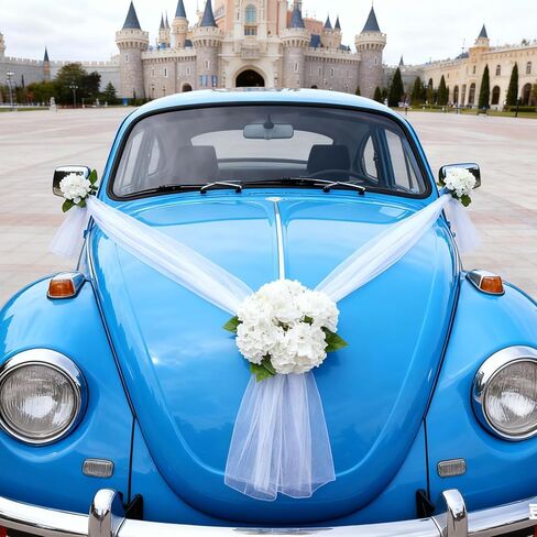 Wedding Car Decoration with White Satin Ribbons & Artificial Flowers – Just Married Vehicle Decor for Bridal Shower, Wedding Ceremony in Kuwait