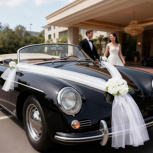 Wedding Car Decoration with White Satin Ribbons & Artificial Flowers – Just Married Vehicle Decor for Bridal Shower, Wedding Ceremony in Kuwait