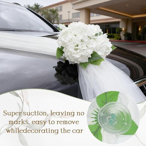 Wedding Car Decoration with White Satin Ribbons & Artificial Flowers – Just Married Vehicle Decor for Bridal Shower, Wedding Ceremony in Kuwait