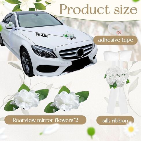 Wedding Car Decoration with White Satin Ribbons & Artificial Flowers – Just Married Vehicle Decor for Bridal Shower, Wedding Ceremony in Kuwait