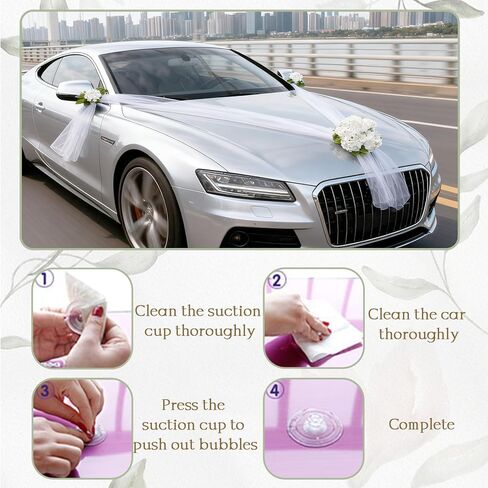 Wedding Car Decoration with White Satin Ribbons & Artificial Flowers – Just Married Vehicle Decor for Bridal Shower, Wedding Ceremony in Kuwait