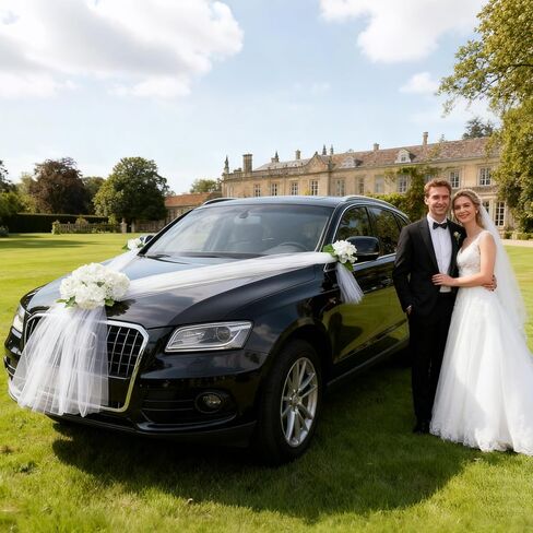 Wedding Car Decoration with White Satin Ribbons & Artificial Flowers – Just Married Vehicle Decor for Bridal Shower, Wedding Ceremony in Kuwait