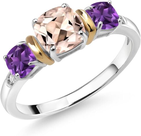 Gem Stone King 1.42 Ct Peach Morganite Purple Amethyst 925 Silver and 10K Yellow Gold Diamond 3-Stone Ring in Saudi Arabia