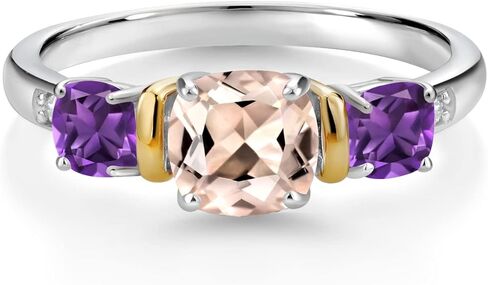 Gem Stone King 1.42 Ct Peach Morganite Purple Amethyst 925 Silver and 10K Yellow Gold Diamond 3-Stone Ring in Saudi Arabia