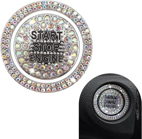 قطعتان من غطاء زر تشغيل محرك السيارة، غطاء مزخرف بزر بدء التشغيل من حجر الراين المتلألئ، إكسسوارات داخلية لامعة للنساء، عالمية لمعظم السيارات (أبيض) in Kuwait
