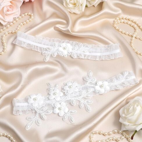 قطعتان من رباط الزفاف للعروس، رباط الساق من الدانتيل القابل للتمدد، مجموعة رباط الزفاف من الدانتيل للعروس مع زهور الزهور، إكسسوارات الزفاف للنساء والفتيات in Kuwait