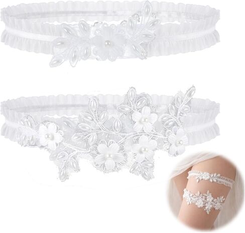 قطعتان من رباط الزفاف للعروس، رباط الساق من الدانتيل القابل للتمدد، مجموعة رباط الزفاف من الدانتيل للعروس مع زهور الزهور، إكسسوارات الزفاف للنساء والفتيات in Kuwait