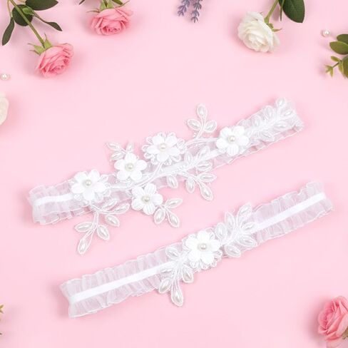 قطعتان من رباط الزفاف للعروس، رباط الساق من الدانتيل القابل للتمدد، مجموعة رباط الزفاف من الدانتيل للعروس مع زهور الزهور، إكسسوارات الزفاف للنساء والفتيات in Kuwait