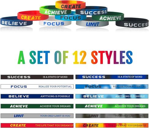 12Pcs Success, Achieve, Focus Motivational Silicone Wristbands with Inspirational Messages for Men Women Rubber Bracelets Elite Athletic Gear Wristbands in Saudi Arabia
