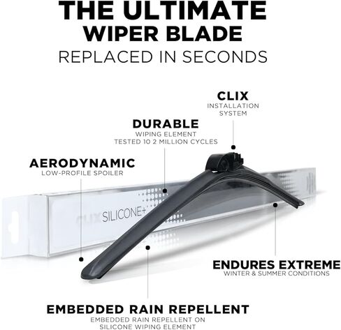 Clix Wipers - 24" Silicone Plus Embedded Rain Repellent Automotive Replacement Wiper Blade (Pack of 1) Premium Long Lasting Silicone Wiping Element, All Weather Flex Frame Beam Windshield Wiper in Kuwait