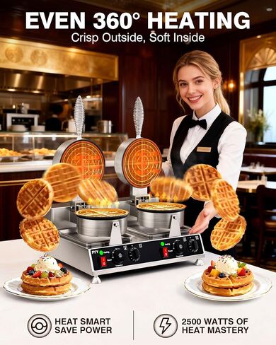 PYY Commercial Waffle Maker - Double Waffle Maker 2500W Large Stainless Steel Waffle Maker Silver Non-stick Electric Chaffle Maker for Restaurants, Waffle Houses, and Carnival Events in Kuwait