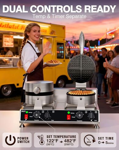 PYY Commercial Waffle Maker - Double Waffle Maker 2500W Large Stainless Steel Waffle Maker Silver Non-stick Electric Chaffle Maker for Restaurants, Waffle Houses, and Carnival Events in Kuwait