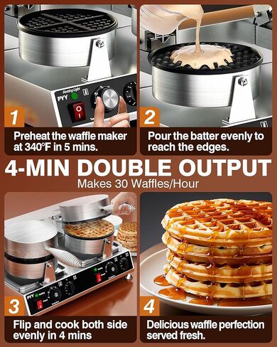 PYY Commercial Waffle Maker - Double Waffle Maker 2500W Large Stainless Steel Waffle Maker Silver Non-stick Electric Chaffle Maker for Restaurants, Waffle Houses, and Carnival Events in Kuwait
