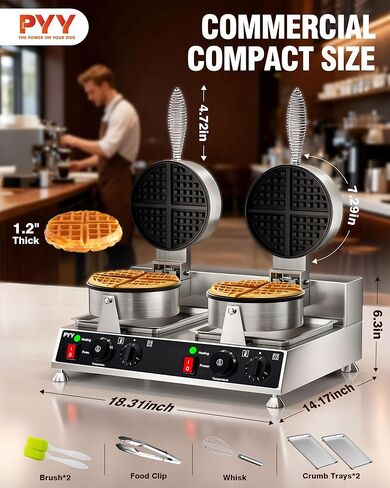 PYY Commercial Waffle Maker - Double Waffle Maker 2500W Large Stainless Steel Waffle Maker Silver Non-stick Electric Chaffle Maker for Restaurants, Waffle Houses, and Carnival Events in Kuwait