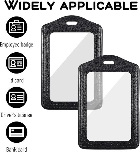 حاملات شارات الهوية من الجلد الطبيعي، قطعتان من حامل شارات جلدية مع نافذة شفافة مزدوجة الجانب، حاملات بطاقات الهوية العمودية، حامل شارة اسم مقاوم للماء للطلاب، الموظفين، المكتب، الموظفين، أسود in Kuwait