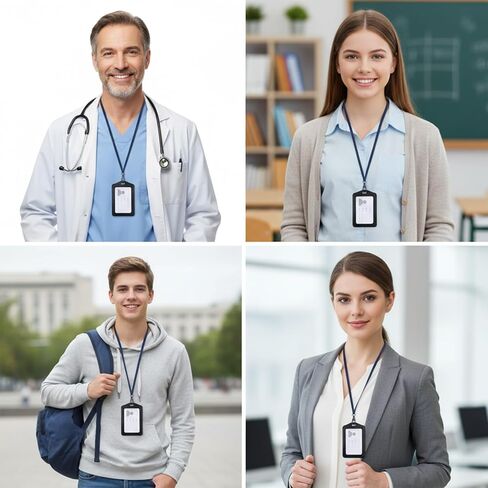 حاملات شارات الهوية من الجلد الطبيعي، قطعتان من حامل شارات جلدية مع نافذة شفافة مزدوجة الجانب، حاملات بطاقات الهوية العمودية، حامل شارة اسم مقاوم للماء للطلاب، الموظفين، المكتب، الموظفين، أسود in Kuwait