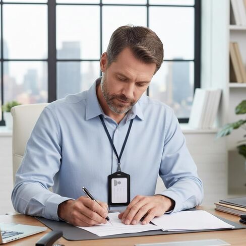 حاملات شارات الهوية من الجلد الطبيعي، قطعتان من حامل شارات جلدية مع نافذة شفافة مزدوجة الجانب، حاملات بطاقات الهوية العمودية، حامل شارة اسم مقاوم للماء للطلاب، الموظفين، المكتب، الموظفين، أسود in Kuwait