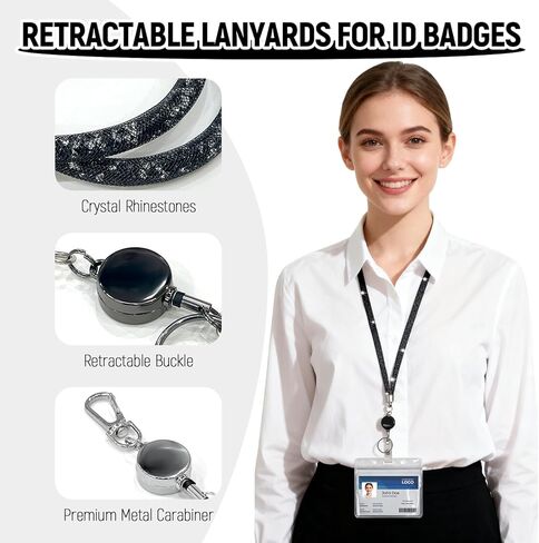 حبال لبطاقات سفينة الرحلات البحرية، قطعتان من حبل شارة قابل للسحب مع حامل لبطاقة الهوية، حبل كريستال بلينغ للنساء والرجال، مجموعة فضية وسوداء للعمل والمؤتمرات والأحداث والتمريض والمعلمين in Kuwait
