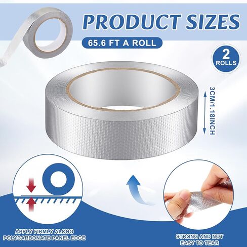2 بكرة 1.18 بوصة × 131 قدم في شريط بولي كربونات الألومنيوم بالكامل، شريط عازل للدفيئة مقاوم للماء شديد التحمل، لاصق ذاتي مقاوم للحرارة للأشعة فوق البنفسجية لإصلاح أسقف الدفيئة في الهواء الطلق in Kuwait
