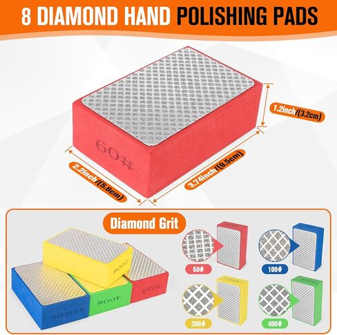 8Pcs Diamond Hand Polishing Pads, 60/100/200/400 Grit 4-in-1 Diamond Sanding Pads for Wet/Dry Use, High Hardness Diamond Abrasive Sanding Blocks for Tile Glass Marble Wood Metal Concrete in Kuwait