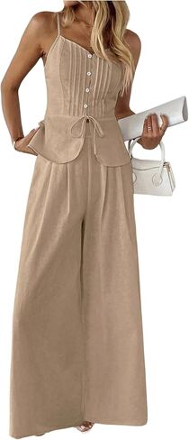 SOLY HUX Women's 2 Piece Summer Outfit Button Down Peplum Cami Top and Wide Leg Pants Set in Kuwait