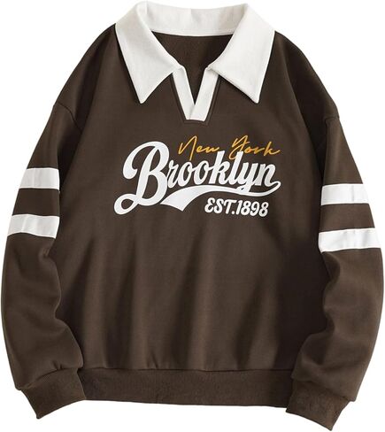 Women's Letter Striped Graphic Sweatshirts Long Sleeve V Neck Collared Pullover Tops Preppy Clothes in Saudi Arabia