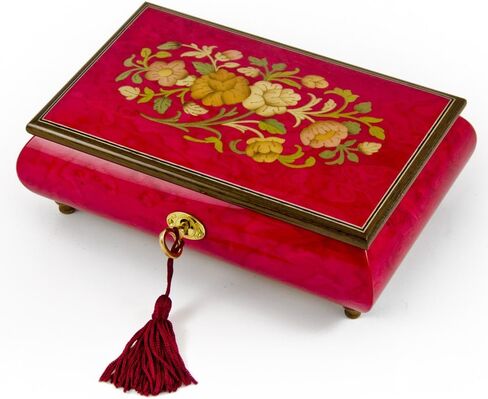 Radiant 18 Note Italian Red Wine Floral Inlay Musical Jewelry Box with Lock and Key - Many Songs to Choose - Music Box Dancer in Kuwait