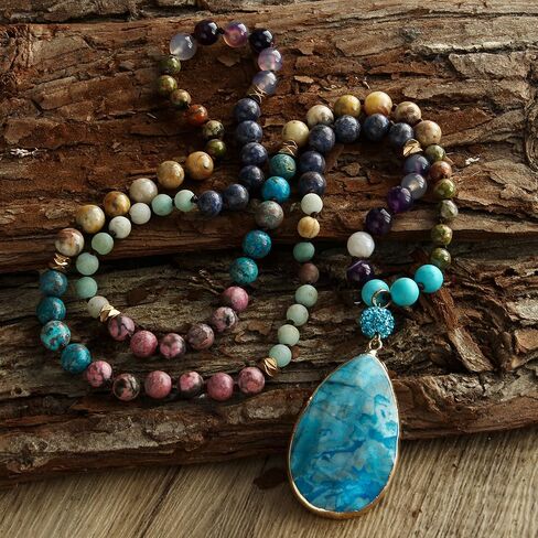 Yomisa Tree of Life Pendant Necklace for Women,Long Boho Beaded Pendant Necklace,Natural Stone Beads Necklaces Western Bohemian Handmade Trendy Charm Jewelry Gift in Saudi Arabia