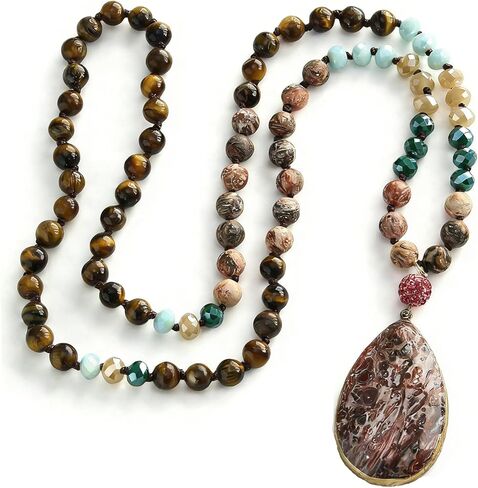 Yomisa Tree of Life Pendant Necklace for Women,Long Boho Beaded Pendant Necklace,Natural Stone Beads Necklaces Western Bohemian Handmade Trendy Charm Jewelry Gift in Saudi Arabia